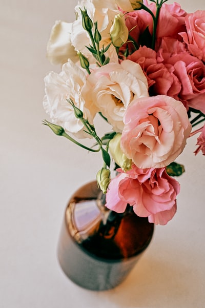 棕色花瓶中的粉红色和白色玫瑰